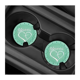 MUQIDA 2 PCS Car Cup Holder Coaster, 2.76 Inch Soft PVC Non-Slip Blessed Cross and Heart Christian Car Cup Coasters, Auto Interior Shockproof Insert Drink Mat for Most Vehicles (Green)