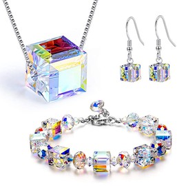 QKEPCY 3 Piece Crystal Jewellery Set Women Cube Austrian Crystal Necklace Dangle Earrings Magic Colour Changing Jewellery Set Wedding Party Gifts Gift Hypoallergenic Jewellery, Crystal