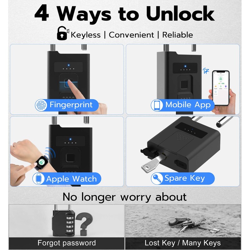 eLinkSmart Fingerprint Padlock with Key Backup, Heavy Duty Weatherproof Bluetooth