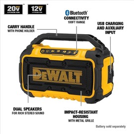 DEWALT 20V MAX Bluetooth Speaker, 100 ft Range, Durable for Jobsites, Phone Holder Included, Lasts 8-10 Hours with Single Charge (DCR010)