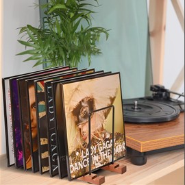 Btstil Vinyl Record Storage Holder, Display Up to 50 LP Albums DVDs CDs, Solid Wood Vinyl Holder lp Storage Box Shelf Stand, Record Dividers Stand Organize for Modern Home Office Desktop Decor (S)