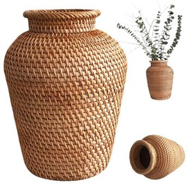 Jarrón de ratán Tejido de 19 x 15 cm Alto Cesta Mimbre rústica Decorativa para Bodas Centro Mesa del hogar jarrón Mimbre.
