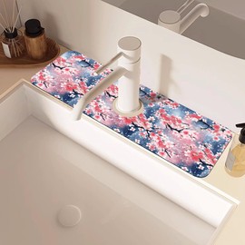 Japanese Pink Cherry Blossoms Dish Drying Mat for Kitchen Sink Splash Guard Behind Faucet Sink Mat Absorbent Fast Drying Faucet Draining Mat for Bathroom Kitchen 5.5"×15"