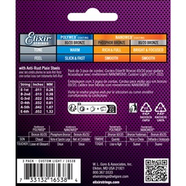 Elixir Elixir Strings, Acoustic Guitar Strings, 80/20 Bronze with NANOWEB Coating, Longest-Lasting Bright and Focused Tone with Comfortable Feel, 6 String Set, 3 Pack, Custom Light 11-52