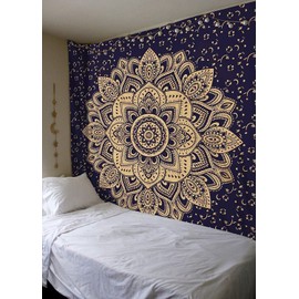 Bless International Indian Traditional Mandala Hippie Wall Hanging, Cotton Tapestry Ombre Bohemian Bedspread (Poster (30x40 Inches)(76x101 Cm), Blue Gold Flower)