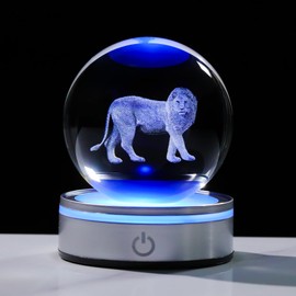 Crystal 3D Lion 3.15in Ball Figurine Gifts for Him Husband, Collectible Glass Animal Art Sphere for Room with LED Light Base, Keepsake for Lion Lovers Home Decor Paperweight