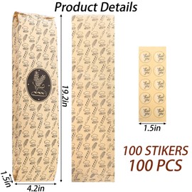 ZENFUN 100 Pack Baguette Paper Bags, Kraft Long Bread Bag with 100 Seal stickers, French Breads Loaf Packing Bags, 19"x4"x1.5" Long Bread Bakery Storage Bag for Coffee shop, Restaurant