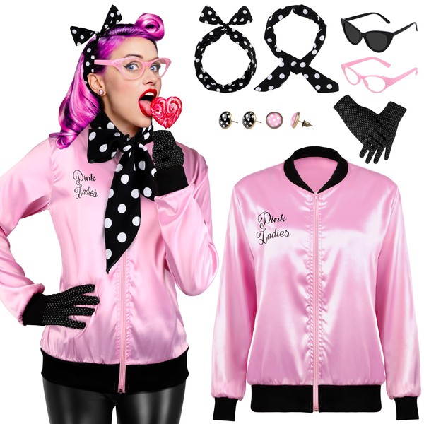AOTHSO 1950s Pink Satin Jacket with Polka Dot Scarf Headband