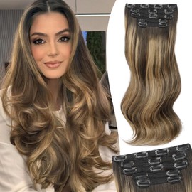 Isaic Clip in Hair Extensions,Light Brown&Dirty Blonde Synthetic Hair Extensions Clip Ins for Women 16 Inch Layered Wavy Hair Extensions Natural Volume and Length for Daily Wear