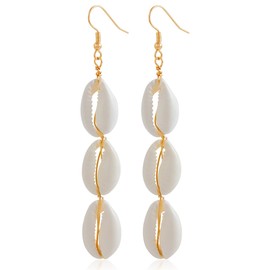 Natural Cowrie Shell Hoop Earring for Women White Shell Drop Dangle Earrings Bohemian Style Shell Earrings Ocean Theme Summer Earrings Beach Conch Shell Dangle Earrings Jewelry (White1)