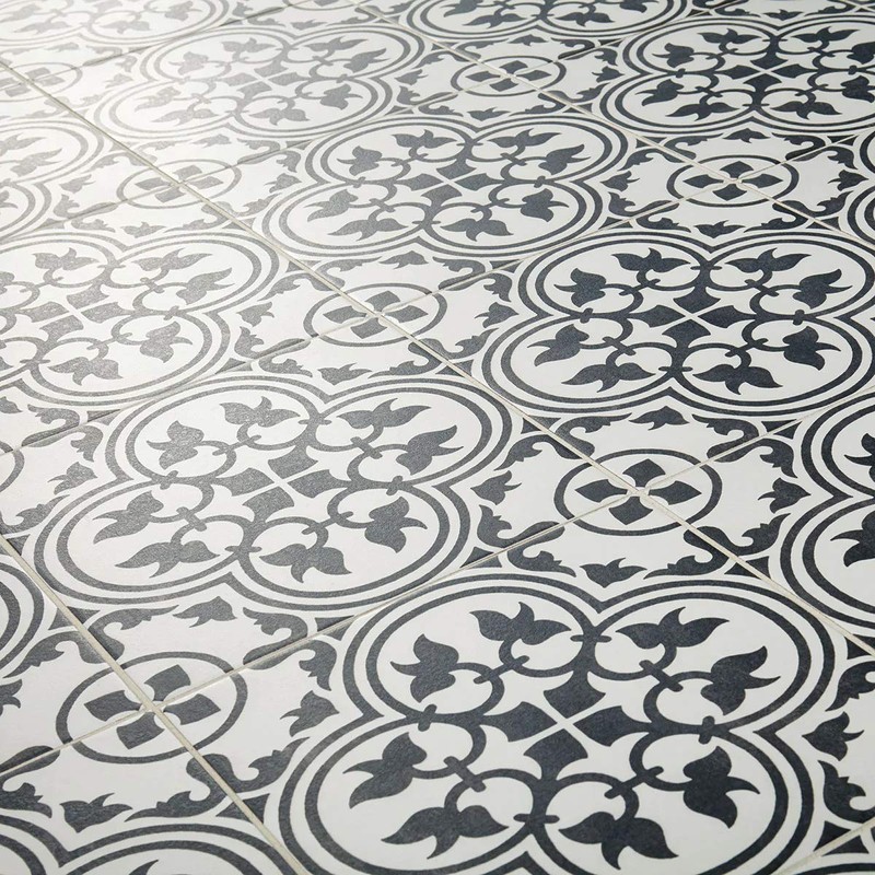 12x12 Flora Black White Encaustic Ceramic Tile (one Piece)