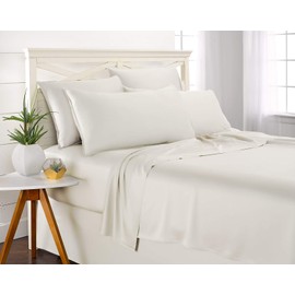 Pure Bamboo Sheets Queen Size Bed Sheets 4 Piece Set, 100% Organic Bamboo, Luxuriously Soft & Cooling, Double Stitching, 16" Deep Pockets, 1 Fitted, 1 Flat, 2 Pillowcases (Queen, Ivory)