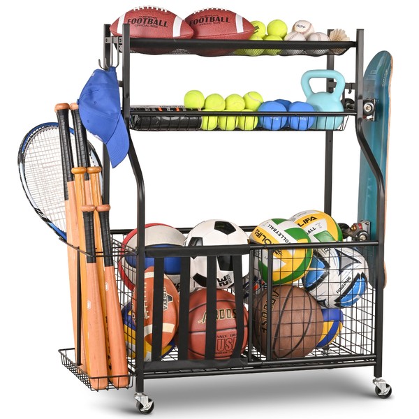 PLKOW Sports Equipment Storage for Garage, Garage Sports Equipment Organizer, Ball Storage Rack, Garage Organizer with Basket and Hooks for Toy Sports Gear Storage, Black