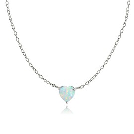 Ice Gems Sterling Silver Small Dainty Simulated White Opal Heart Choker Necklace