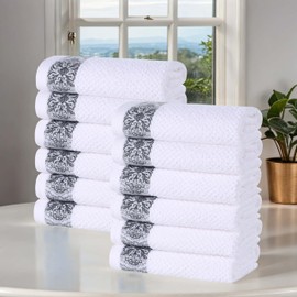 Superior Medallion Cotton Face Towels/Washcloths, Absorbent, Textured Jacquard, Quick-Dry, Shower, Spa, Kitchen Basics, Bathroom Essentials, Small Towels, Washcloth 12 Pack, Set of 12, White-Grey