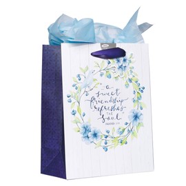Christian Art Gifts Blue Floral Gift Bag Set | A Sweet Friendship - Proverbs 27:9 Bible Verse | Medium Gift Bag with Tissue Paper for Women