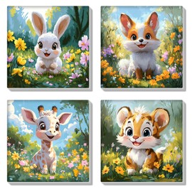 HEIBAGO Framed Paint by Numbers for Audlts, 4 Pack Flowers Forest Paint by Numbers Kits for Beginners, DIY Animals Oil Paint by Numbers Canvas Art Craft Pictures for Home Decor，8×8 inch