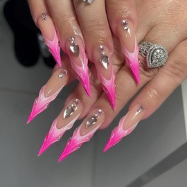 Long Press on Nails Almond Fake Nails Pink French Tip False Nails with 3D Stripe Design Glue on Nails Ombre Stiletto Acrylic Nails Rhinestone Full Cover Stick on Nails for Women Manicure 24Pcs