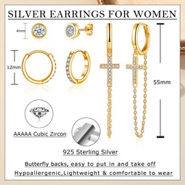 Josfeva 3 Pairs 925 Silver Earrings Set for Women, 925 Sterling Silver Hoop Earrings & Stud Earrings & Hanging, Hypoallergenic Cartilage Earrings with AAAAA Cubic Zirconia, Earrings for Multiple Ear