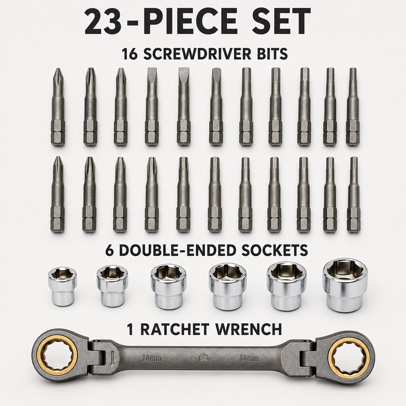 23-Piece Flexible Head Ratchet Wrench Socket & Screwdriver Bit Set