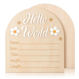 Baby Announcement Sign, Cute Wooden Hello World Sign Daisy Newborn Welcome Sign Birth Announcement Sign Baby Name Plaque for Hospital Baby Shower Photo Prop Home Decoration
