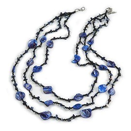 Avalaya 3 Strand Purple Blue/Black Glass Shell Bead and Semiprecious Stone Necklace/68cm Long
