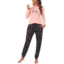 Bresdk Women's Long Winter Cotton Cute Snowflake Pattern Pyjamas Sleepwear for Women, Pink Cat Head