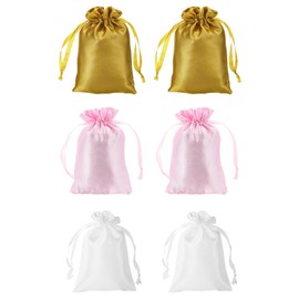 YELARXI Satin Jewelry Bags with Drawstrings, Silk Earring Gift Bags Wedding Favor Pouch 6 x 8 Inch Fit for Candy Christmas Party Graduation Birthday Easter - (6 Pack, Pink/Gold/White)