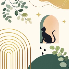 Dazzlewall Boho Shower Curtain Black Cat 180 x 180 cm, Green Leaves Beige Abstract Shower Curtains, Waterproof, Anti-Mould, Washable Polyester Textile Fabric for Bathroom with 12 Hooks