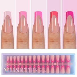 Misssix XBASICTIPS Uñas postizas francesas rosas, 150 unidades, largas y cuadradas, preformadas, sin limar, 3 en 1, para extensiones de uñas, 15 tamañ