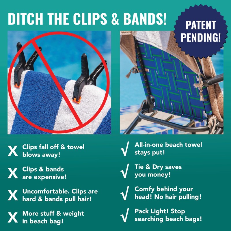 Arkwright Tie-and-Dry Beach Towel, 2-Pack, Clip-Free Pool Chair Cover with