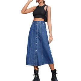 NIGHTMISS Womens High Waisted Washed Button Front Denim Long Skirt Midi Length A Line Denim Jean Pencil Skirt(BE185-M)