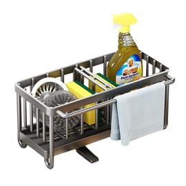 PengGengA Spülbecken Organizer Küchenspüle Spülbecken Caddy Organizer Edelstahl Schwammhalter mit Abnehmbarer Abflusspfanne, Abnehmbare Trennwände