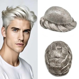 Toupee For Men Hair Piece 100% Real Remy Human Hair Mens Toupee Hair Pieces Poly Skin Hair System For Men Hairpieces Replacement System Natural Hairline 8''X10'' #380#3 Dark Brown+80% Grey