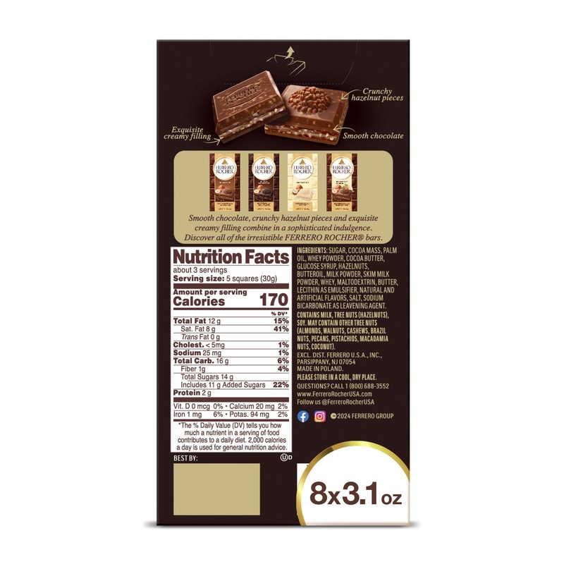 Ferrero Rocher Premium Chocolate Bars, 8 Pack, Dark Chocolate Hazelnut