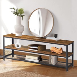 Zanzio Rustic 3-Tier Storage Shelves with Adjustable Feet, 55" Wide Industrial Metal and Wood Shelving Unit for Multi-Purpose Organization, TV Console Table, and Entryway Bench - Brown