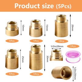5 Stück Hahnverlängerung 1/2 Zoll, FORMVERSITY Verlängerung 1/2 Zoll x10mm/15mm/20mm/25mm/30mm Wasserhahnverlängerung aus Messing, Innensechskant Wasseranschluss Verlängerung