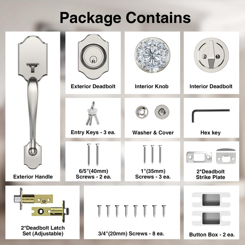 Calzibeno Brushed Nickel Front Door Handle and Deadbolt Set, Front