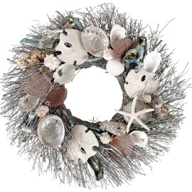 ANDALUCA Summer Seashell 20in Coastal Wreath Natural Abalone, Sand Dollar, Seashells & Starfish (Abalone)
