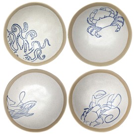 Creative Co-op Sea Life 7-inch Hand-Painted Stoneware Bowls, Set of 4