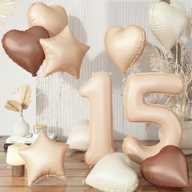Large 15 Balloons Nude, Foil Brown Cream Apricot Beige Tan Number 15 Balloons Decor, Helium Sand White Taupe Neutral Heart Star Balloons for Girls 15th Birthday Wedding Anniversary Party Decoration