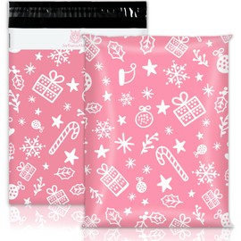 JarThenaAMCS 100 Pcs Christmas Poly Mailers Pink Snowflake Candy Holly Gift Packaging Bags Self Sealing Gift Wrap Envelopes for Holiday Small Business Boutique Clothing, 10 x 13 Inch