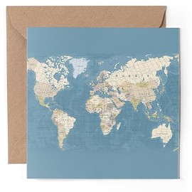 1 x Greeting Card - Vintage World Map Blue - Blank Birthday Celebration Anniversary #52386