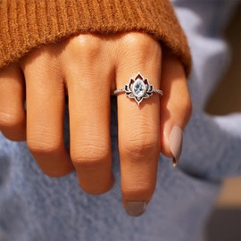 Roe Dolph Lotus Ring for Women Boho Lotus Flower Ring My Trauma Lotus Ring Silver Cubic Zircon Lotus Rings Non Tarnish Stackable Knuckle Rings Inspirational Rings for Birthday Jewelry Gifts