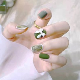 Nail Tips, 24 Pieces, Short, Spring, Summer, Nail Tip, Nail Tip, Nails, Green, Glossy, 3D Popular, Japanese Style, Handmade Nail Tips, School Ceremonies, Graduation Ceremonies, Weddings, Parties, Nail