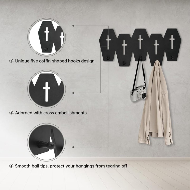 Coffin Coat Hooks, Black Wooden Coat Rack with 5 Hooks,
