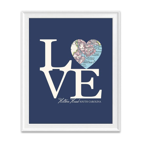 Hilton Head South Carolina Love Vintage Heart Map Art Print, Unframed, Customized Colors, Wedding Engagement Anniversary Housewarming Guestbook Gift, All Sizes