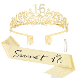 Semato Sweet 16 Party Decorations Set - Gold 16th Birthday Crown and Sweet 16 Sash Glitter Kit for Girls Birthday Happy Birthday Girl Tiara Birthday Party Supplies and Favors