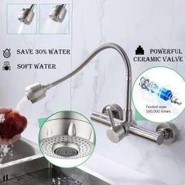 FLWUEUE Wall Mount Kitchen Sink Faucet with Sprayer 8“ Inch Center, Brushed Nickle Stainless Steel Sink Mixer Tap, Laundry Utility Faucets with Dual Functional Sprayer, NSF Lead-Free