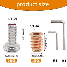 Taiss 30 Sets 1/4"-20 Threaded Inserts for Wood,Furniture Screw Nut Wood Inserts Bolt Fastener Connector Hex Socket Drive 1/4-20 x 3/4" Screw;1/4-20 x 19/32" Nuts